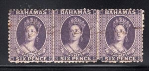 Bahamas 1863 QV 6p Perf 12.5 Wmk Crown CC Scarce Strip of 3 Used #14 CV$255+