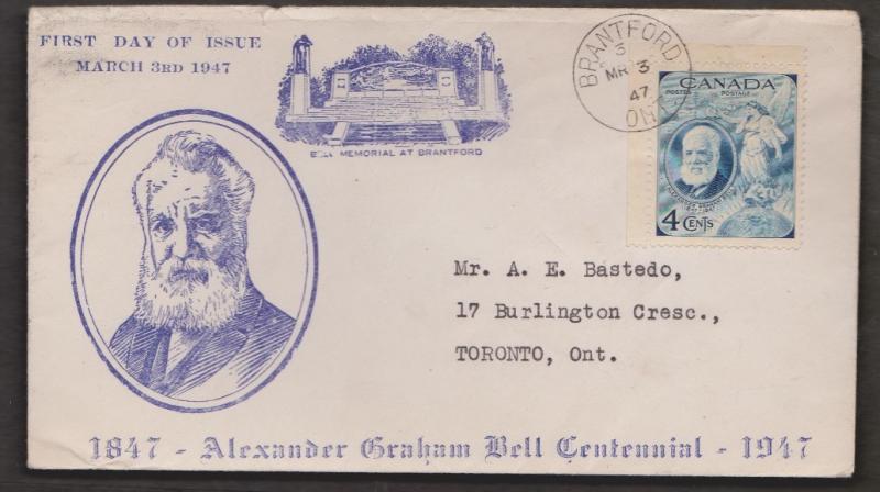 CANADA Scott # 274 On FDC - 1947 Alexander Graham Bell Issue On Unknown Cachet