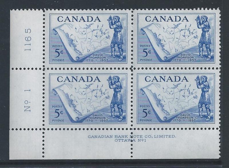 Canada #370 LL PL BL David Thompson 5¢ MNH