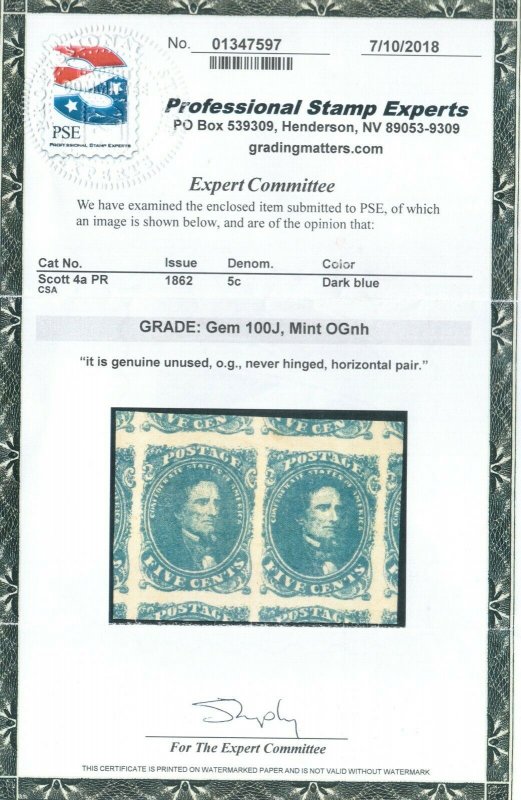 USA Confederate States #4a Mint Superb Never Hinged Pair Graded 100J Certificate