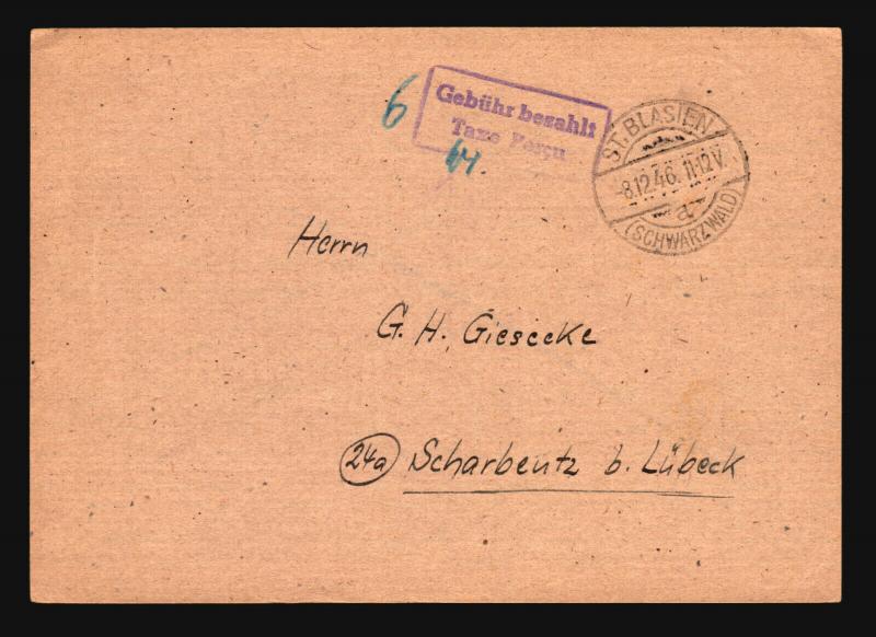 Germany 1946 TAXE PERCUE Stampless Card (IV) - Z14760