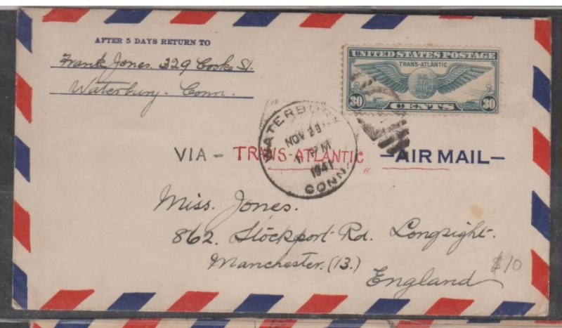 U.S. Scott #C24 Air Mail Cover - Trans-Atlantic Waterbury CT-Manchester England