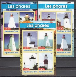 Chad, 2003 Cinderella issue. Lighthouses on 3 IMPERF sheets of 4. ^
