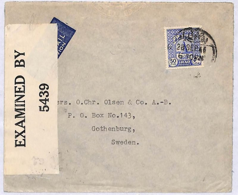 ai1757 - IRAQ  - Postal History - censored AIRMAIL  COVER  to SWEDEN  1946