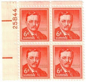 1955 Theodore Roosevelt Plate Block of 4 6c Postage Stamps, Sc# 1039, MNH, OG