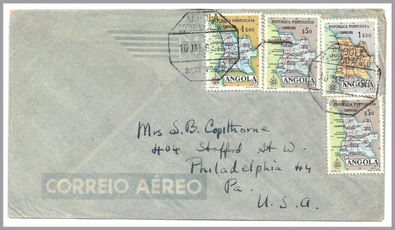 ANGOLA (Portugal) MAP stamps (4) on SILVA PORTO to USA Airmail Cover in 1962