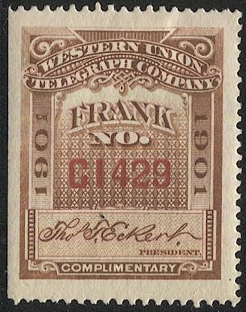 US 1901 Sc 16T31  Unused  Western Union Telegraph Co. stamp, Serial #C1429, VF