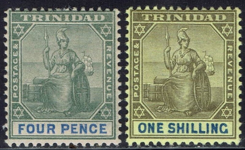 TRINIDAD 1901 BRITANNIA 4D AND 1/- WMK CROWN CA