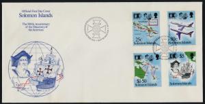 Solomon Islands 723-6a on FDC's Christopher Columbus, Aircraft, Map