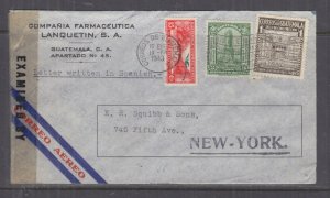 GUATEMALA,1943 censored airmail cover, Guatemala City to USA, 1c., 3c., 15c.