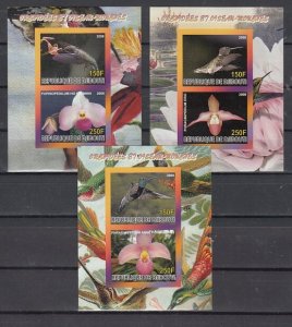 Djibouti, 2008 Cinderella issue. Orchids & Hummingbirds. 3 IMPERF sheets of 2.