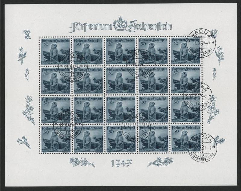 LIECHTENSTEIN, HUNTING ANIMALS II  SET 1947 IN MINISHEETS VF