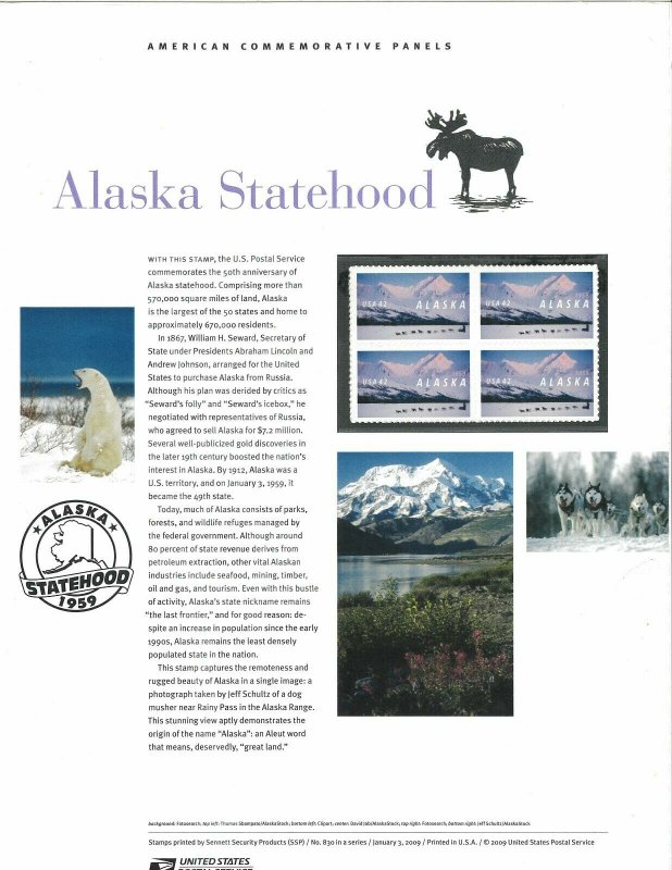 USPS COMMEMORATIVE PANEL #830 ALASKA STATEHOOD #4374