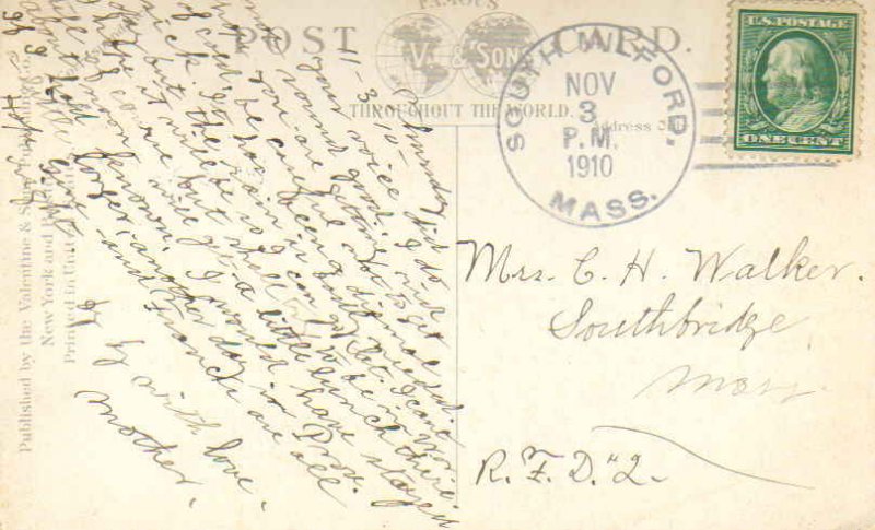 United States Massachusetts South Milford 1910 doane 3/2  1829-1916  PC.