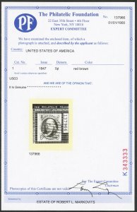 USA  Scott# 1 Red Brown Four margins RED Grid Cancel USED PF Cert  (51765) 