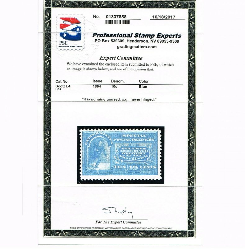EXCEPTIONAL GENUINE SCOTT #E4 MINT OG NH PSE & PF CERTS VERY - SCARCE AS NH CERT