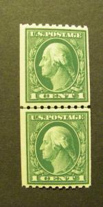 Scott 441, 1c Washington vert coil, LINE PAIR, MNH Beauty