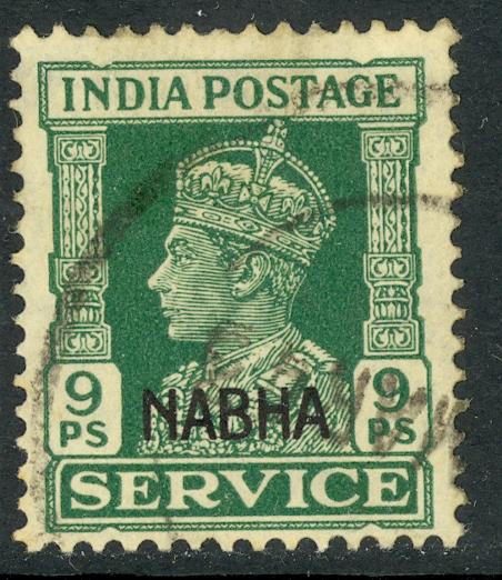 INDIA ICS NABHA 1942-44 KGVI 9p Green OFFICIAL Scott No. O43 VFU