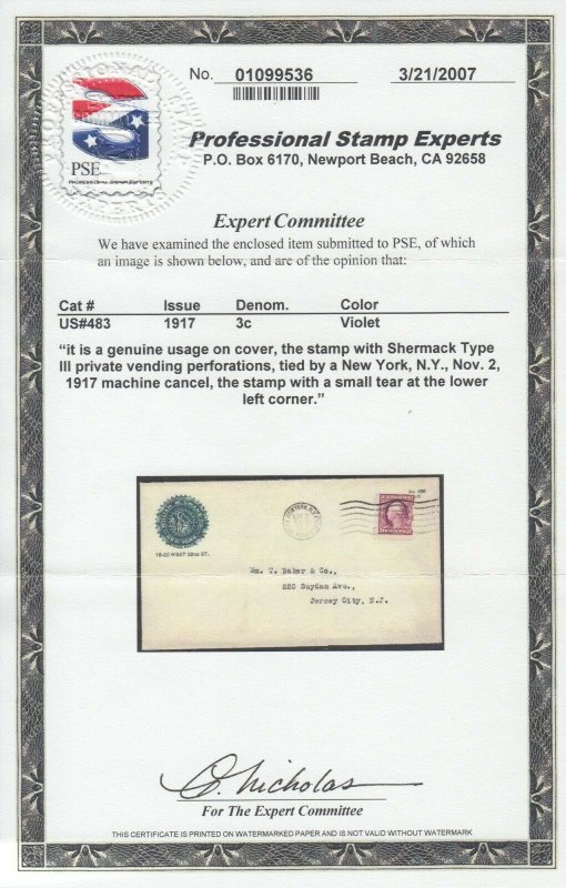 US Sc 483 Schermack type III Coil on cover, EKU, Cert.