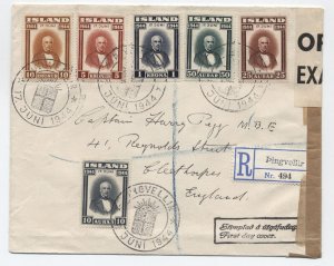 1944 Iceland Ericsson set #240-245 fdc to England condemned [A39.29]