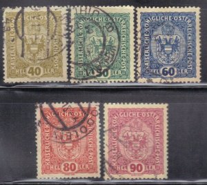 AUSTRIA SC# 154-58 USED 40,50,60,80,90h 1916-18