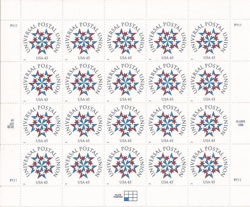 US Stamps - 1999 Universal Postal Union - 20 Stamp Sheet - Scott #3332