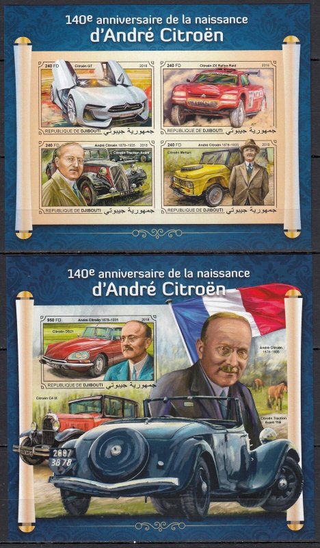 Dz1076 ! Imperf 2018 Djibouti Andre Citroen Cars Automobiles #2400-3+Bl1194 Mnh