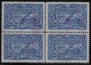 Canada 1951 used Sc 302 $1 Fisherman, Marine life Block of 4