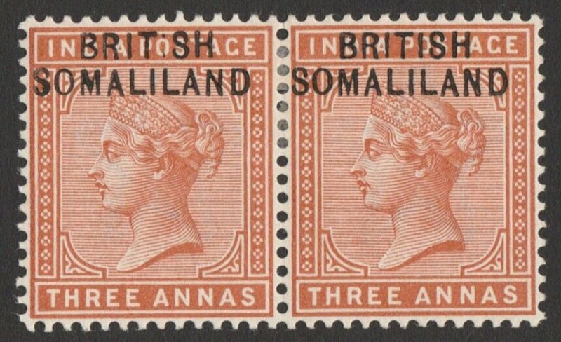 SOMALILAND 1903 QV India 3a pair, variety 'BRIT.SH'. Only 66 sold. Certificate.