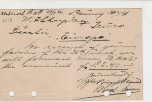 Norway 1894 Bugge & Olsen Laurvig mark to England  Stamps Card ref R 18055