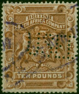Rhodesia 1892 £10 Brown SG13 Fine Used Fiscal Perfin Cancel