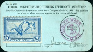 RW1 1934 FEDERAL DUCK  FORM 3333 ROSLYN WA M.O.B. NOV 2, 1934 Reg $850