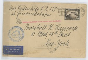 Germany C37 Graf Zeppelin over the ocean (4 Reichsmark) franking this cover (with tear) carried on board the first segment of th