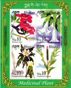 Bhutan 2002  Medicinal Plants complete (4) + Souvenir Sheet of 4  VF/NH