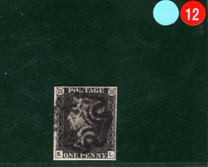 GB PENNY BLACK QV 1840 Stamp SG.2 1d Plate 8 (EL) *STATE 1* Cat £525- SBR12