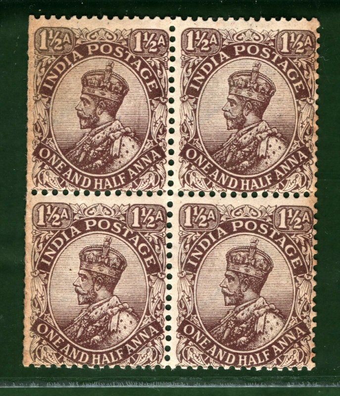 INDIA KGV Stamps SG.163 1½a Chocolate (1919) BLOCK OF FOUR Mint UMM MNH* OBLUE24