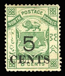 North Borneo #17 (SG 19) Cat£140, 1886 5c on 8c green, hinged, with handstam...