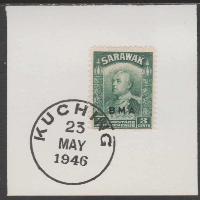 SARAWAK 1945  BMA Overprint on  3c on piece with MADAME JOSEPH  POSTMARK