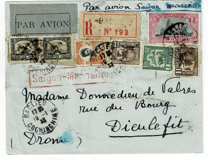 Indochina 1932 Baclieu cancel on registered, airmail cover to France