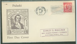 US 690 1931 2c General Pulaski Commemorative (single) on an addressed FDC with a Roessler cachet and a South Bend cancel