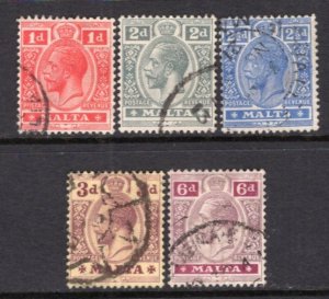 Malta 1914-15 GV Watermark CA Mult 1d-6d 5 Values Used #51-54, 58 CV$58