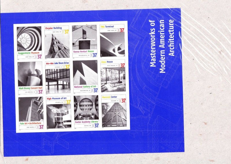 US 3910 37c Masterworks of Modern American Architecture Mint Sheet in Wrapper
