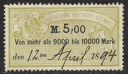 GERMANY 1886 5,00m Bill of Exchange Revenue Erler No. AJ110A VFU