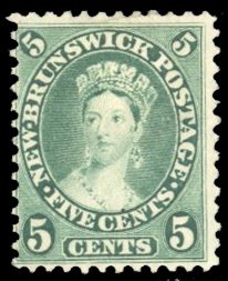 New Brunswick #8 Cat$30, 1860 5c yellow green, unused without gum