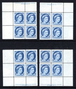 341, Scott, QEII Wilding, 5c, PB15, Matched Set of 4 Plate Blocks, MNHOG, VF