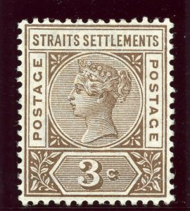 Malaya Straits 1899 QV 3c brown MLH. SG 97. Sc 85.