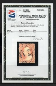 #25A  1857 3c  inner lines - PSE CERT - Plated 77L3 - Scarce  cv$700.00