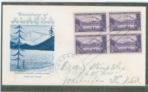 US 800 1937 3c Alaska (part of the USA Possession Series) block of four on an addressed (pencil) FDC with a Grimsland cachet.