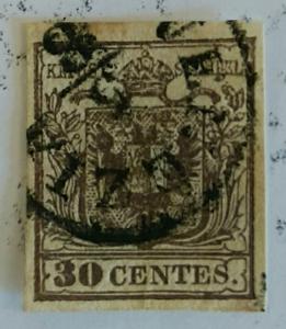 LOMBARDY-VENETIA AUSTRIA 1850 SC #5a Stamp 30c ribbed paper Used CV $200