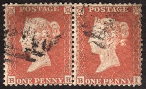 1855, Great Britain 1p, Penny Red, Used pair, Sc 16